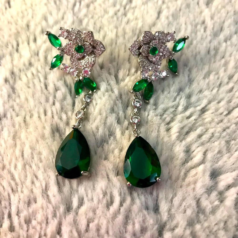 Beautiful Green CZ Flower Earrings